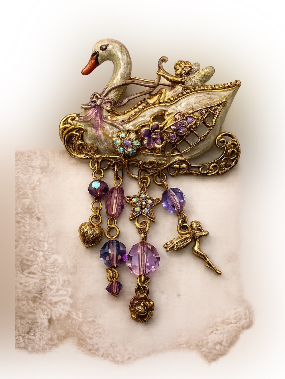 Kirks Folly Swan Fairy Brooch Dangle Crystals Enamel Gold Tone Whimsical Brooch